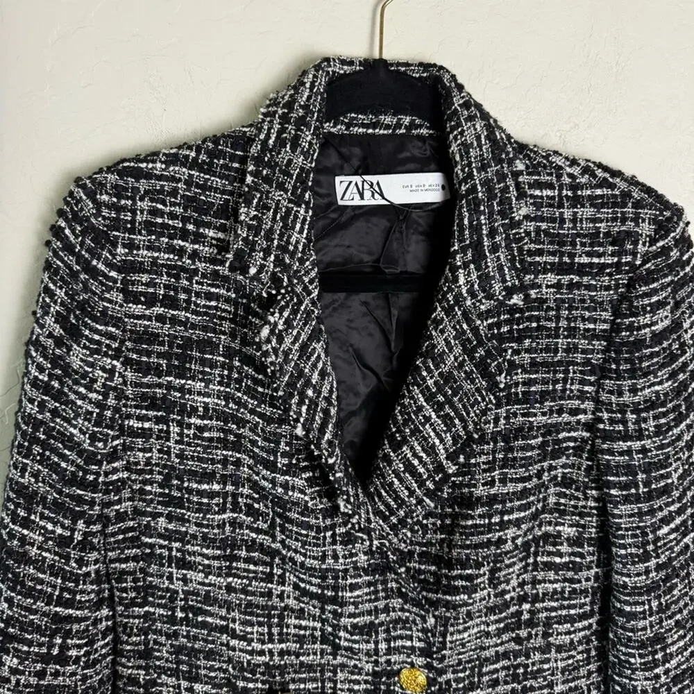Zara Black Double Breasted Textured Tweed Blazer Small